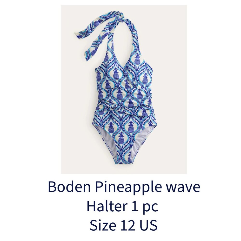 BODEN US Sz 12 Blue White Pineapple Wave Levanzo Halter One Piece Swimsuit